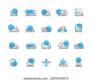 Transport icons color set. Collection of cars and trucks. Airplane, rocket, bus, bicycle, train and ship. Transportation and travel. Cartoon flat vector illustrations isolated on white background