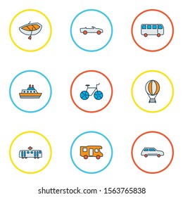 Transport icons colored line set with city car, bus, bicycle and other bike
 elements. Isolated vector illustration transport icons.