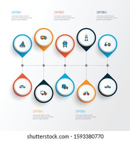 Transport icons colored line set with parking sign, sail boat, rocket and other spaceship elements. Isolated vector illustration transport icons.