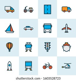 Transport icons colored line set with traffic light, bus, balloon and other scooter elements. Isolated vector illustration transport icons.