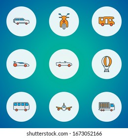 Transport icons colored line set with scooter, campervan, air balloon and other caravan elements. Isolated vector illustration transport icons.