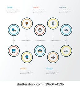 Transport icons colored line set with parking sign, tram, bus and other autobus elements. Isolated vector illustration transport icons.