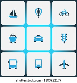 Transport icons colored set with balloon, bus, aircraft and other autobus elements. Isolated vector illustration transport icons.