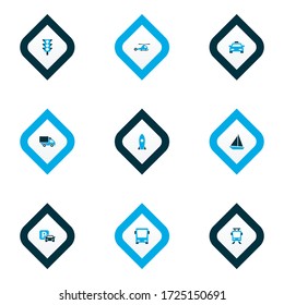 Transport icons colored set with sailing ship, camion, rocket and other parking elements. Isolated vector illustration transport icons.