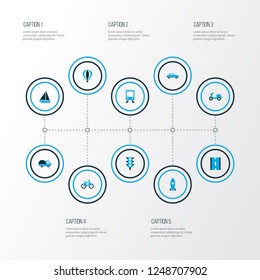 Transport icons colored set with train, road, balloon and other stoplight elements. Isolated vector illustration transport icons.