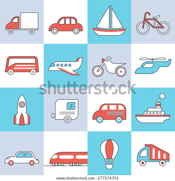 Transport icons, flat design, thin lines and light\
color style