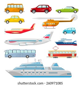 Transport icons flat set with taxi bus helicopter tram ship isolated vector illustration