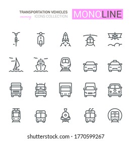 Transport Icons, Front View, part II. Monoline concept.The icons were created on a 48x48 pixel aligned, perfect grid providing a clean and crisp appearance. Adjustable stroke weight. 
