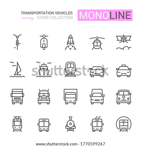 Transport Icons, Front View, part II. Monoline concept.The icons were created on a 48x48 pixel aligned, perfect grid providing a clean and crisp appearance. Adjustable stroke weight. 
