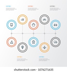 Transport icons line style set with lorry, aerostat, chopper and other camion elements. Isolated vector illustration transport icons.