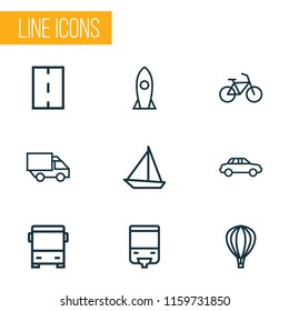 Transport icons line style set with way, monorail, missile and other bike elements. Isolated vector illustration transport icons.