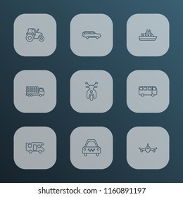 Transport icons line style set with campervan, taxi, truck and other autobus elements. Isolated vector illustration transport icons.