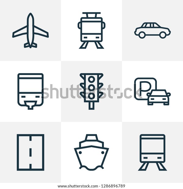 Transport icons line style set with stoplight,\
parking, monorail and other aircraft elements. Isolated vector\
illustration transport\
icons.