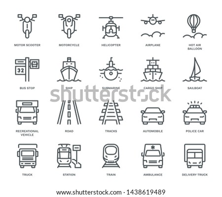 Transport Icons, oncoming view,  Monoline concept
The icons were created on a 48x48 pixel aligned, perfect grid providing a clean and crisp appearance. Adjustable stroke weight. 