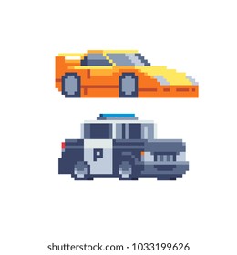 Transport icons pixel art style police car and yellow sport car isolated vector illustration. 8-bit. Game assets. Design for stickers, embroidery, mobile app, logo transport company.