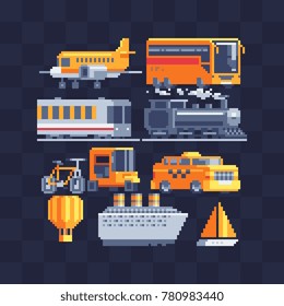 Transport icons. Pixel art style. Logo transport company. Steam locomotive and bus. Taxi, balloon, airplane, sailboat and bicycle. 8-bit. Game assets. Isolated  abstract vector illustration