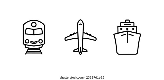 Transport icons. Plane, train, ship Symbol of delivery. Airmail delivery sign. Vector.