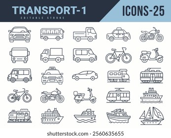 Transport Icons sat. Vector illustration in modern thin line style of Transport icons. Editable stroke.	