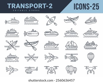 Transport Icons sat. Vector illustration in modern thin line style of Transport icons. Editable stroke.