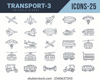 Transport Icons sat. Vector illustration in modern thin line style of Transport icons. Editable stroke.