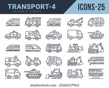 Transport Icons sat. Vector illustration in modern thin line style of Transport icons. Editable stroke.