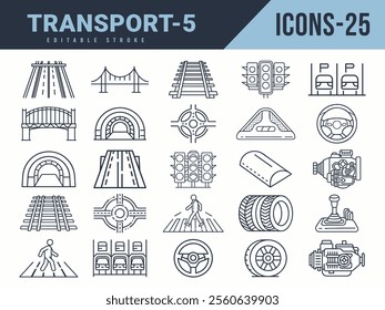 Transport Icons sat. Vector illustration in modern thin line style of Transport icons. Editable stroke.