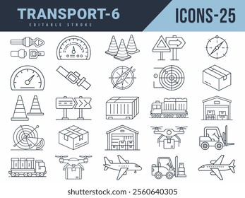 Transport Icons sat. Vector illustration in modern thin line style of Transport icons. Editable stroke.