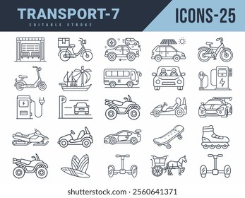 Transport Icons sat. Vector illustration in modern thin line style of Transport icons. Editable stroke.