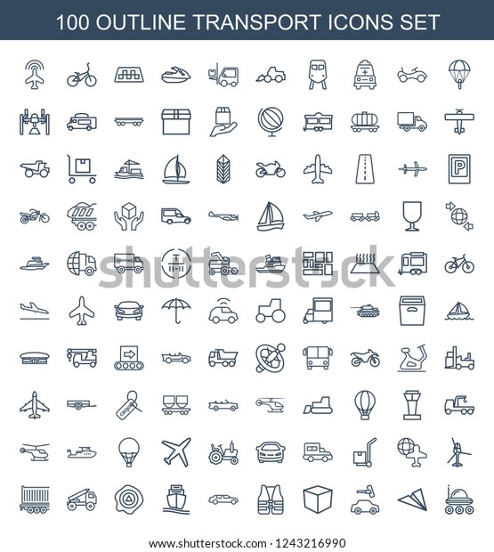 transport icons. Set of 100 outline\
transport icons included tractor, paper plane, car wash, box, life\
vest on white background. Editable transport icons for web, mobile\
and infographics.