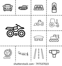 Transport icons. set of 13 editable outline transport icons such as taxi, road, car, motorcycle, office supply, tank, tractor, runway, helicopter, airport, globe