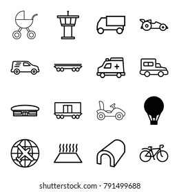 Transport icons. set of 16 editable outline transport icons such as air balloon, plane, airport, airport tower, tunnel, truck, bicycle, cargo wagon, delivery car, ambulance