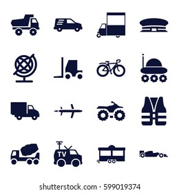 transport icons set. Set of 16 transport filled icons such as airport, toy car, globe, concrete mixer, tractor, trailer, van, bicycle, delivery car, TV van, sport car