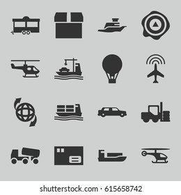 Transport icons set. set of 16 transport filled icons such as plane, forklift, concrete mixer, trailer, arrow up, qround the globe, cargo ship, ship, air balloon, helicopter