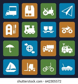 Transport icons set. set of 16 transport filled icons such as tractor, train toy, paper airplane, truck, sailboat, van, keep dry cargo, qround the globe, cargo container