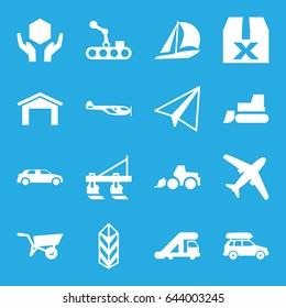 Transport icons set. set of 16 transport filled icons such as wheel barrow, tractor, truck crane, helicopter, garage, paper airplane, excavator, handle with care, cargo, car