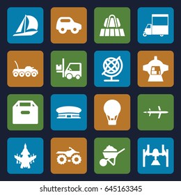 Transport icons set. set of 16 transport filled icons such as luggage belt, airport, toy car, globe, construction, van, forklift, luggage compartment in airplane, plane