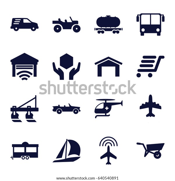 Transport icons set. set of 16\
transport filled icons such as wheel barrow, tractor, plane,\
airport bus, garage, trailer, handle with care, cargo wagon,\
delivery car