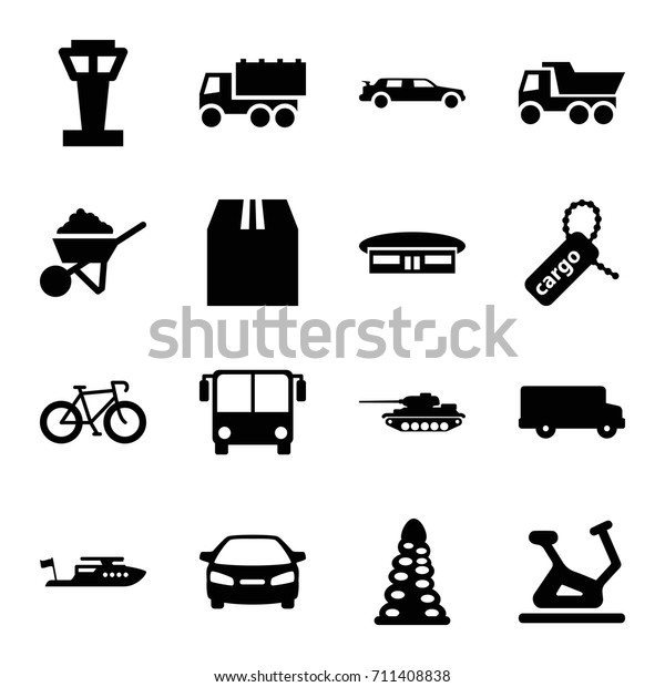 Transport icons set. set of 16\
transport filled icons such as airport tower, airport bus, airport,\
tunnel, exercise bike, car, boat, truck, construction, cargo\
tag