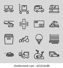 Transport icons set. set of 16 transport outline icons such as parcel, road, excavator, van, forklift, cargo on cart, cargo wagon, box, air balloon, tank, exercise bike