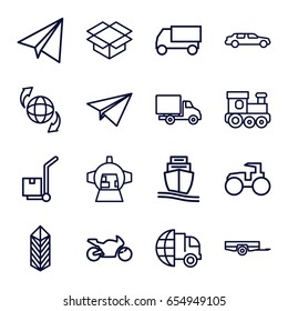 Transport icons set. set of 16 transport outline icons such as barrow, train toy, paper airplane, car, truck, tractor, box, qround the globe, cargo, cargo on cart, cargo ship