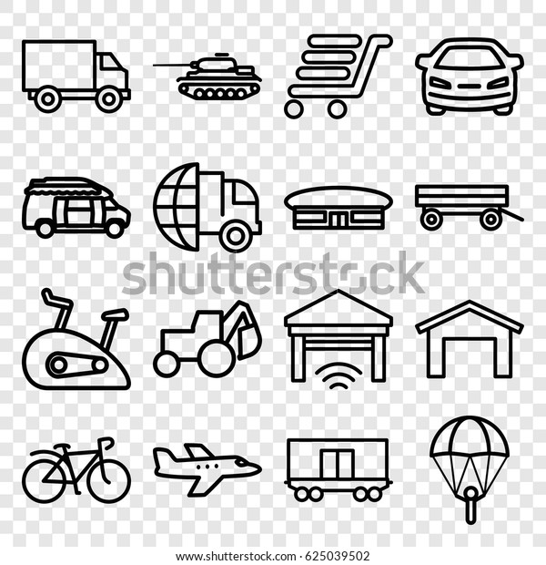 Transport icons set. set of 16\
transport outline icons such as airport, barrow, garage, car,\
excavator, van, bicycle, cargo wagon, luggage cart, tank, exercise\
bike