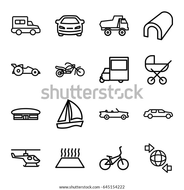 Transport icons set. set\
of 16 transport outline icons such as airport, tunnel, baby\
stroller, toy car, car, van, qround the globe, heating system in\
car, truck,\
motorcycle