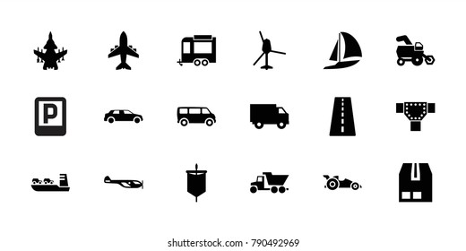 Transport icons. set of 18 editable filled transport icons: tractor, runway, helicopter, road, van, trailer, cargo container, truck, car, sail, plane, parking, sailboat