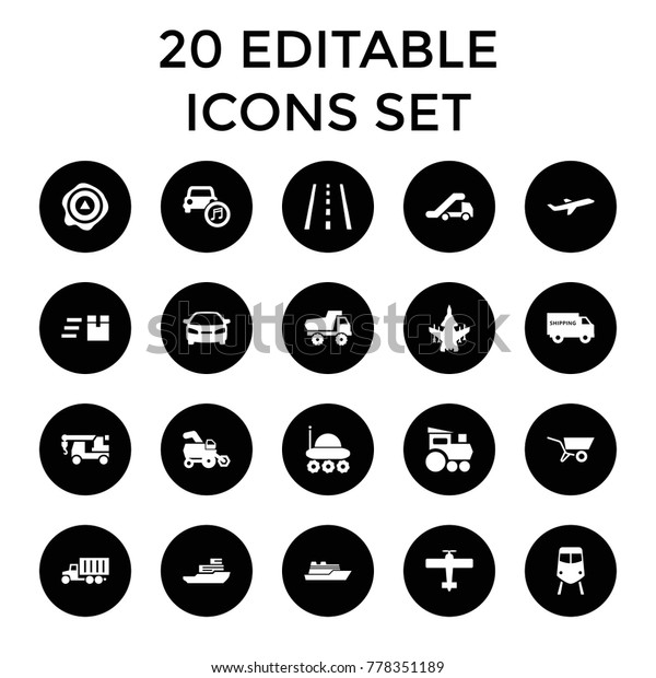 Transport icons. set of 20\
editable filled transport icons such as tractor, train, toy car,\
car, truck with hook. best quality transport elements in trendy\
style.