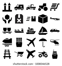 Transport icons. set of 25 editable filled transport icons such as helicopter, tractor, plane, box, express delivery, sailboat, ship, cargo arrow up, handle with care