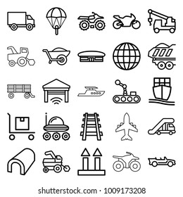 Transport icons. set of 25 editable outline transport icons such as tractor, truck crane, airport, tunnel, truck with hook, parachute, motorcycle, wheelbarrow, cargo arrow up