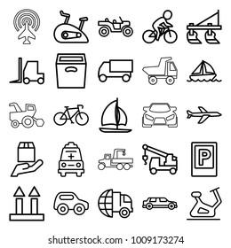 Transport icons. set of 25 editable outline transport icons such as tractor, parking, toy car, exercise bike, truck, truck with hook, international delivery, bicycle