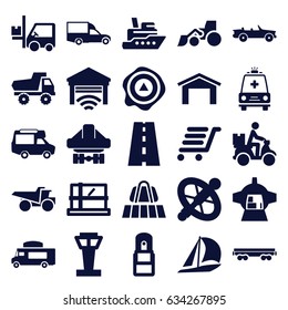 Transport icons set. set of 25 transport filled icons such as airport tower, luggage belt, garage, parcel, toy car, excavator, truck, van, arrow up, forklift, cargo wagon