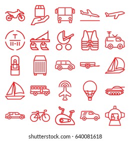 Transport icons set. set of 25 transport outline icons such as plane, plane landing, airport bus, barrow, tractor, baby stroller, bicycle, cargo terminal, cargo container