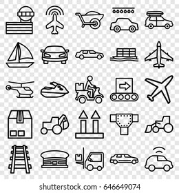 Transport icons set. set of 25 transport outline icons such as plane, helicopter, airport, road, airport tower, car, car wash, excavator, wheelbarrow, cargo arrow up, forklift